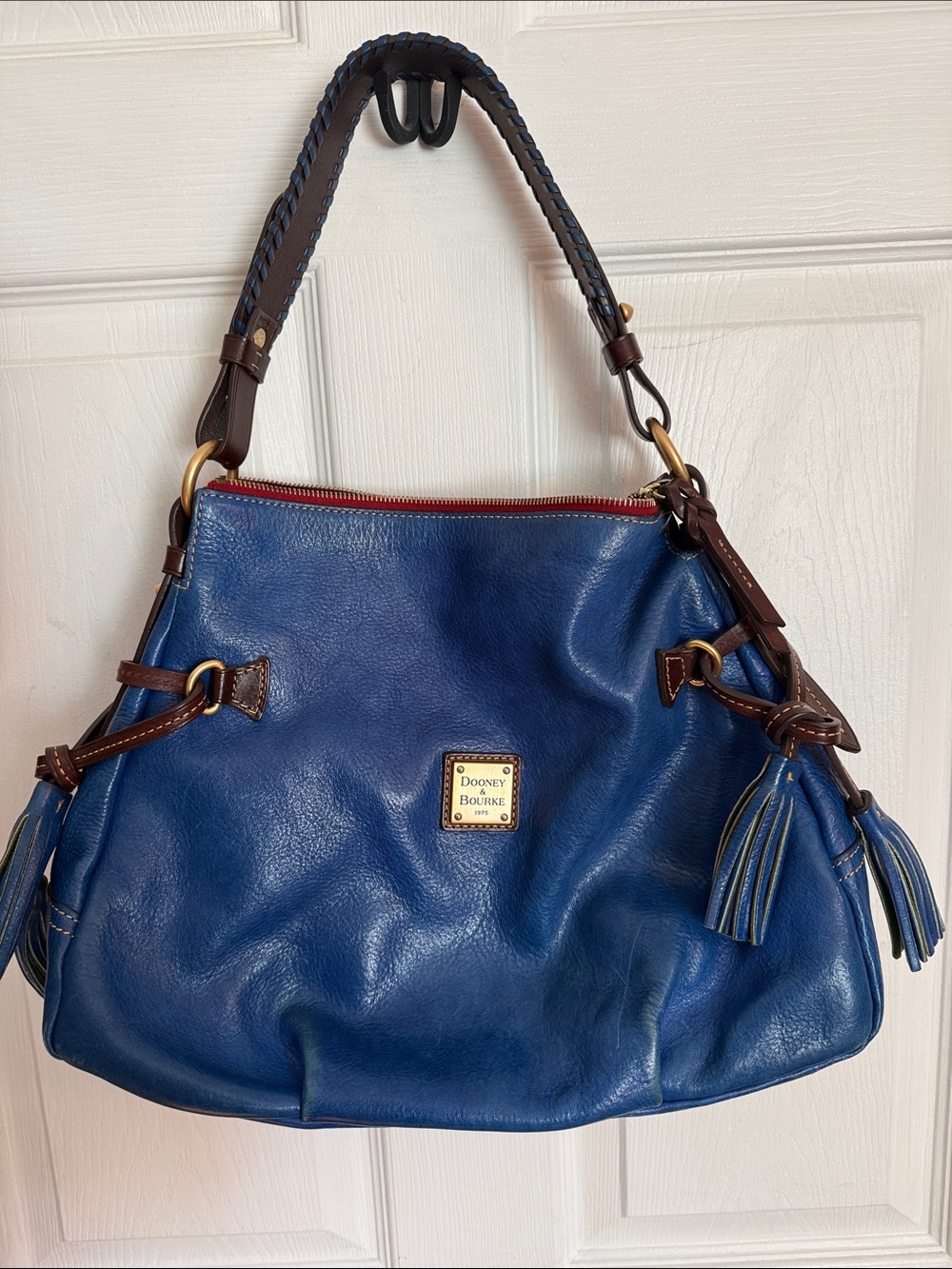 Dooney & Bourke Blue Leather Shoulder Bag with Brown Trim